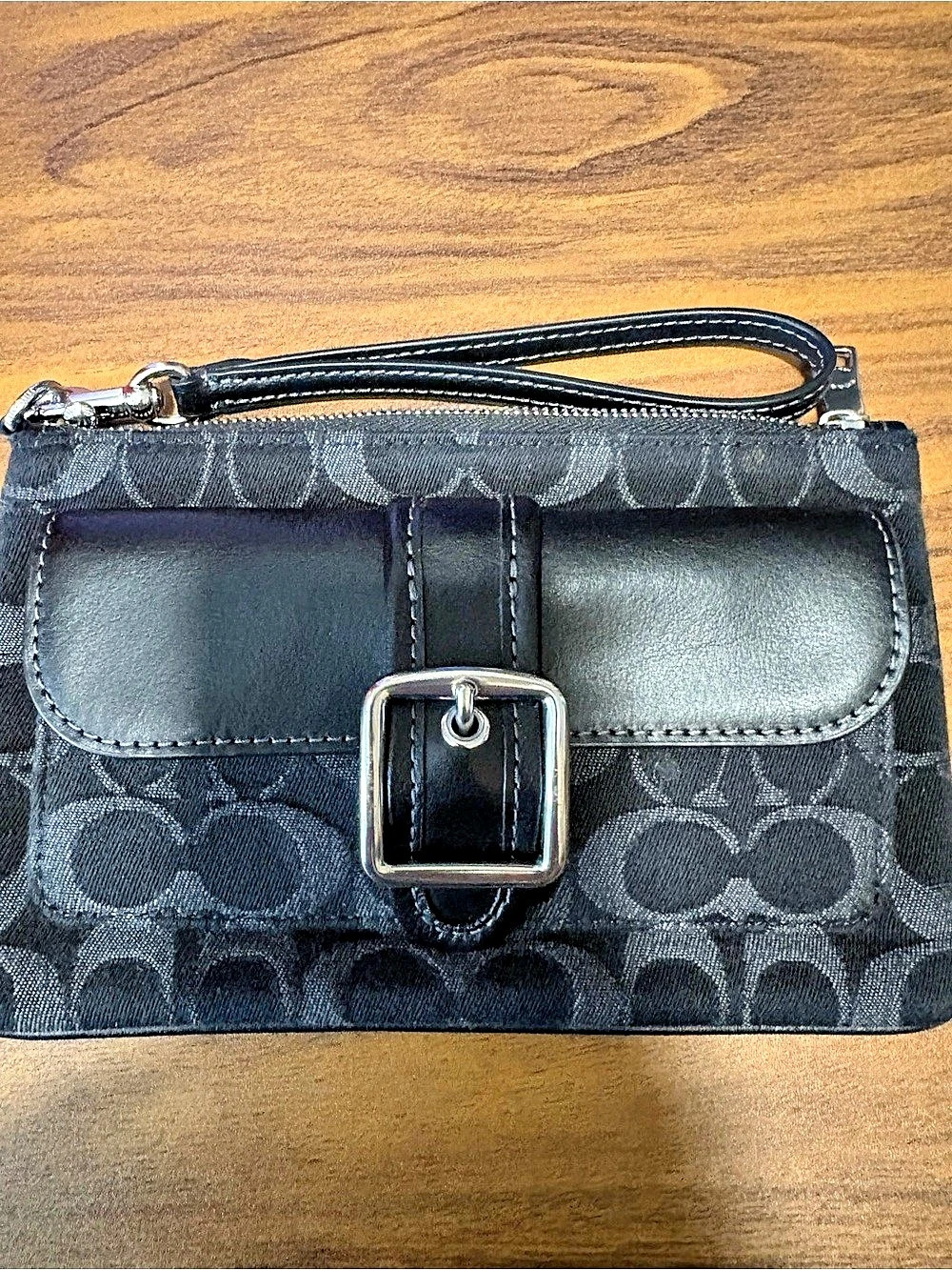 COACH Ashton Black Denim Signature Jacquard Pocket Wristlet with Buckle